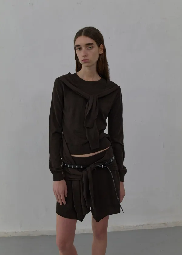 [2nd REORDER] TIED DETAIL LAYERED KNIT SKIRT (BROWN)