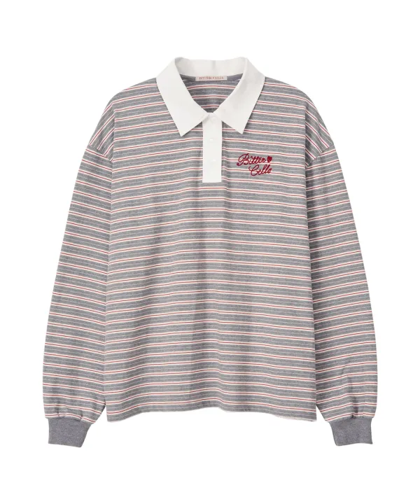Gemini Stripe Collar Tee-Grey