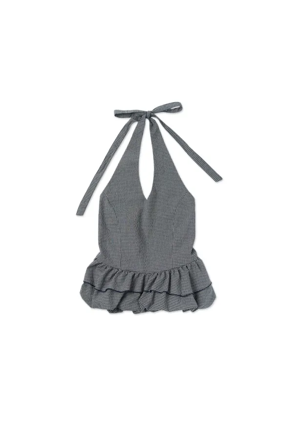 Gingham halter blouse_navy