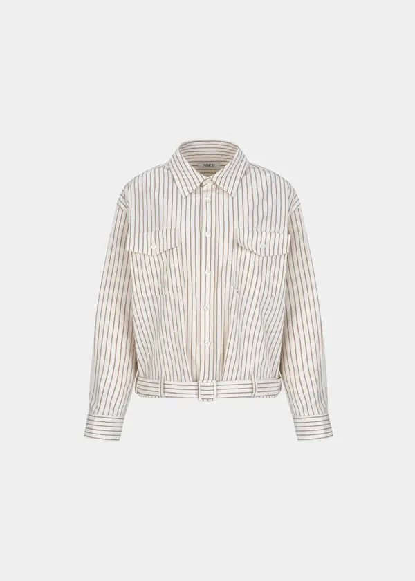 W BELTED COTTON STRIPED CROP SHIRT - BROWN
