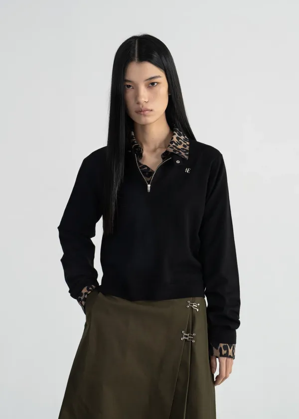 MOTORCYCLE HALF-ZIP KNIT TOP - BLACK