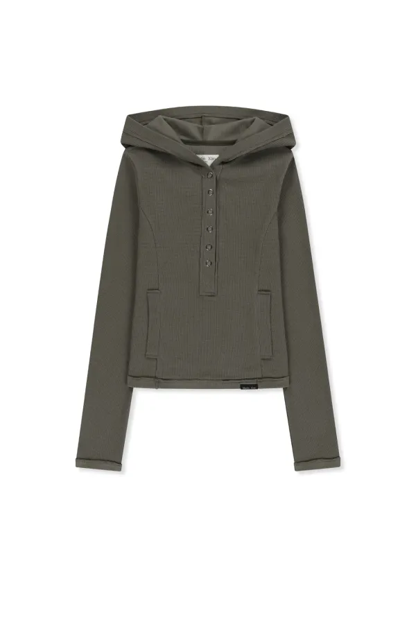 WAFFLE HENLEY NECK HOOD TOP IN KHAKI