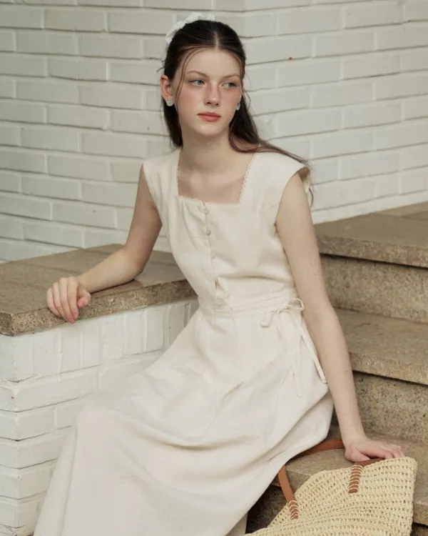 Classic pintuck line ribbon long dress - natural