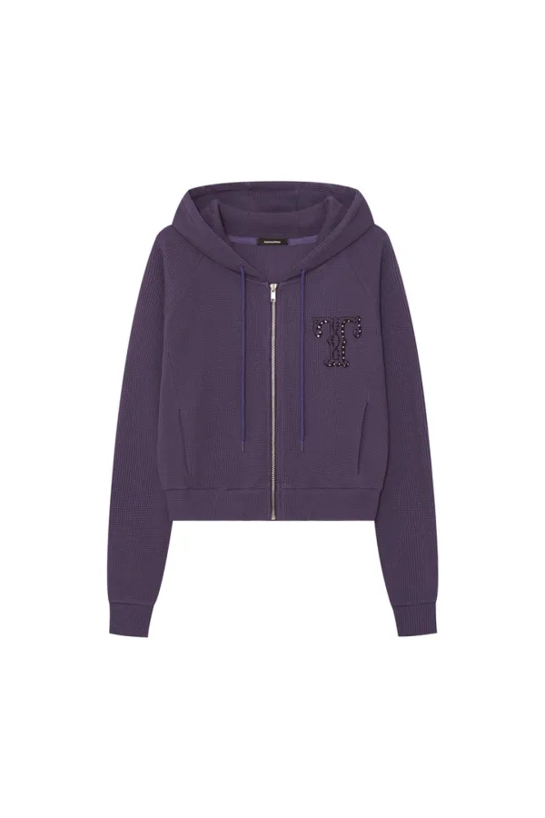 LEO HOTFIX CROP WAFFLE ZIP-UP HOODIE (PURPLE)