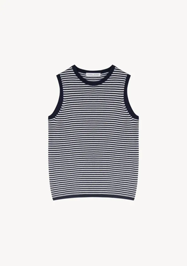 Sleeveless Cotton Knit in Navy stripe