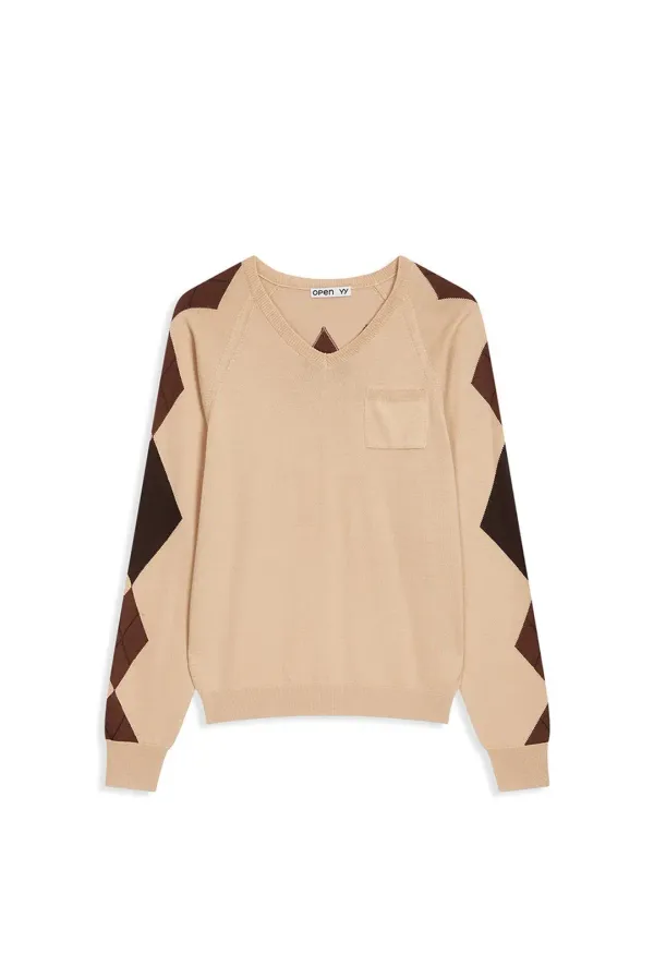 ARGYLE V-NECK KNIT, BEIGE