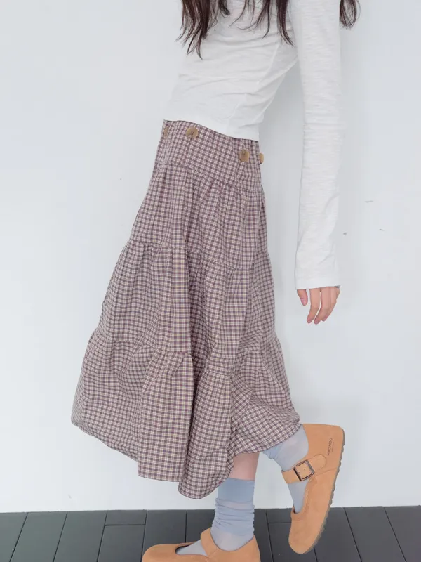[3차 입고]2way Button Shirring Skirt (Purple Check)