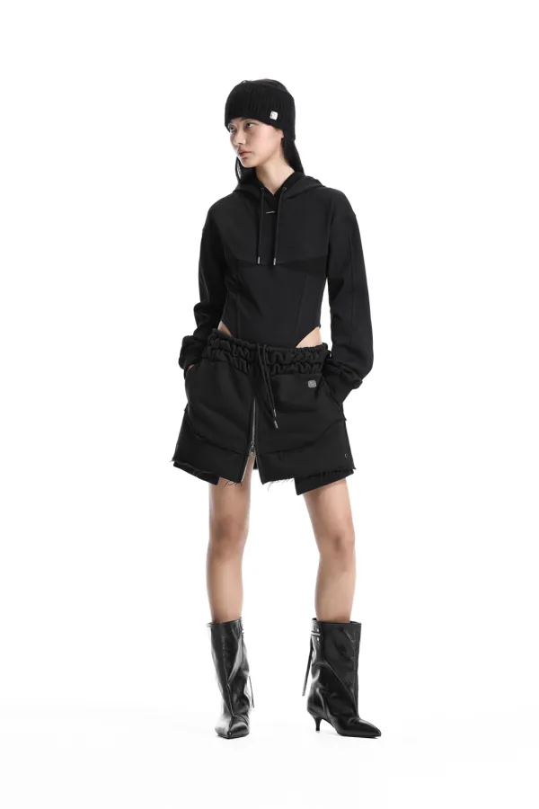 Front Zip Layered Jersey Mini Skirt [ Black ]