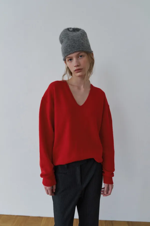 RELAXED FIT V-NECK KNIT_CHERRY RED