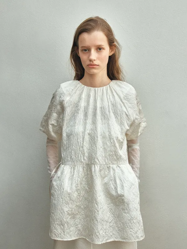 TIS JACQUARD TWO WAY SHIRRING PUFF DRESS_IVORY