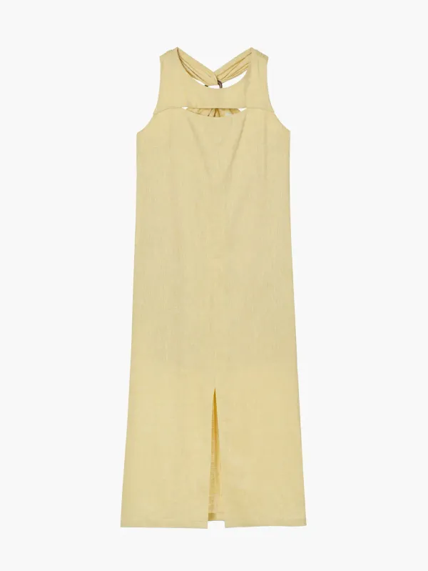 Linen Blend O Ring Long Dress, Yellow