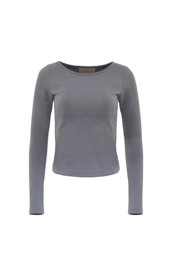BASIC BOAT NECK  LONG SLEEVE TOP GRAY