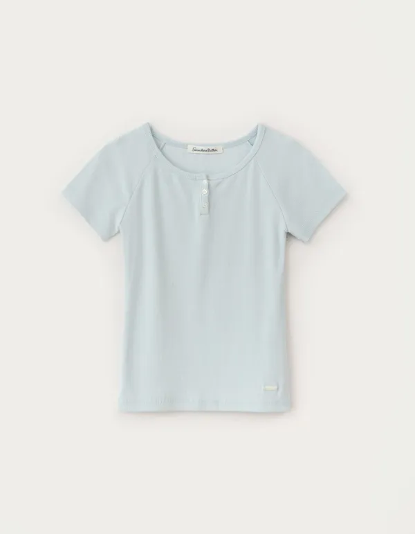 Lay Button Raglan Top - Light Blue