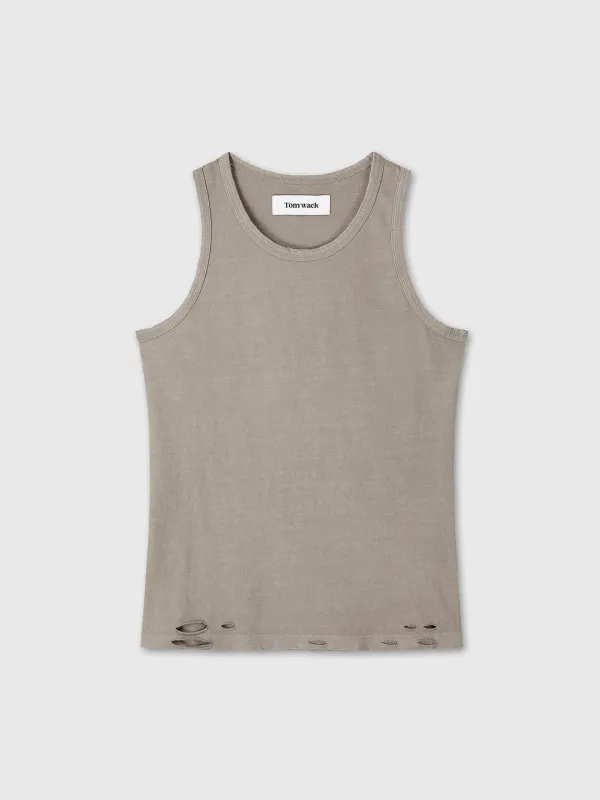 (W) HAND-DISTRESSED REGURAL TANK TOP_ PALE OLIVE