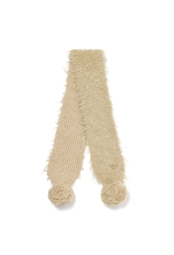 SHAGGY POMPON SCARF, BEIGE