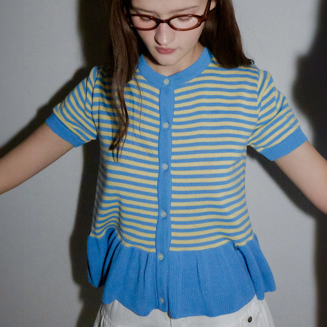 론론 RUFFLE SHORT SLEEVE KNIT CARDIGAN YELLOW BLUE 상품 이미지 1