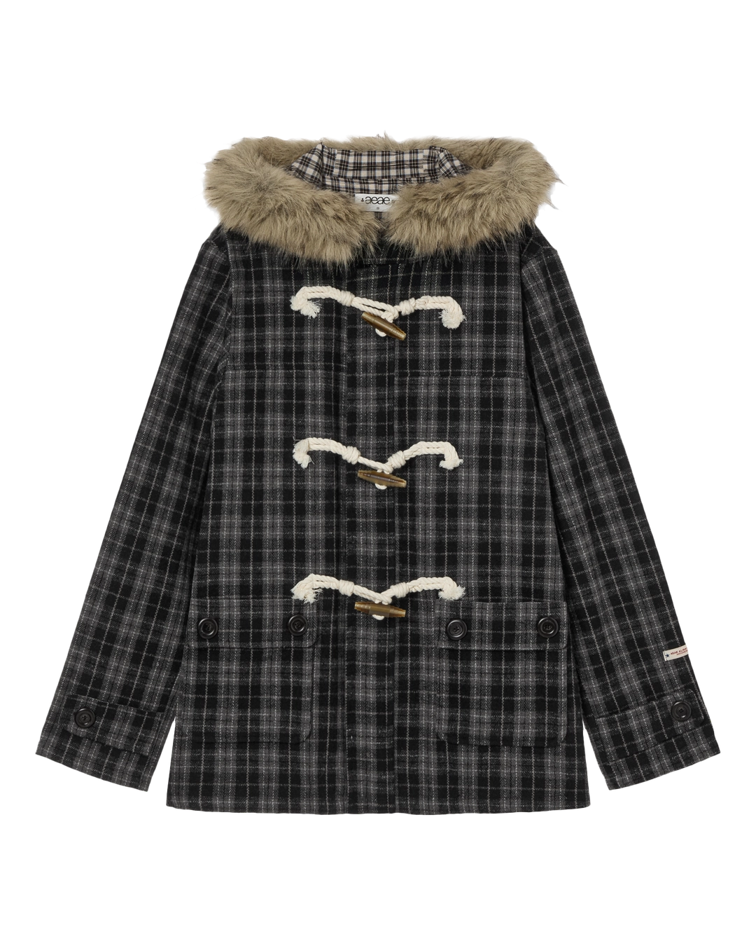 에이이에이이 FUR HOOD DUFFLE COAT [CHECK BLACK] 상품 이미지 2