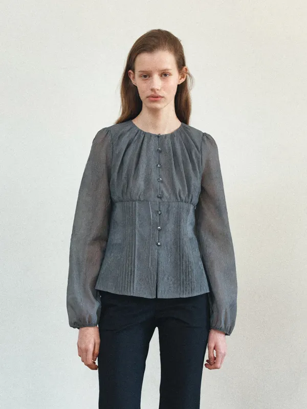 TIS FLORAL PIN TUCK BLOUSE_ D-GREY