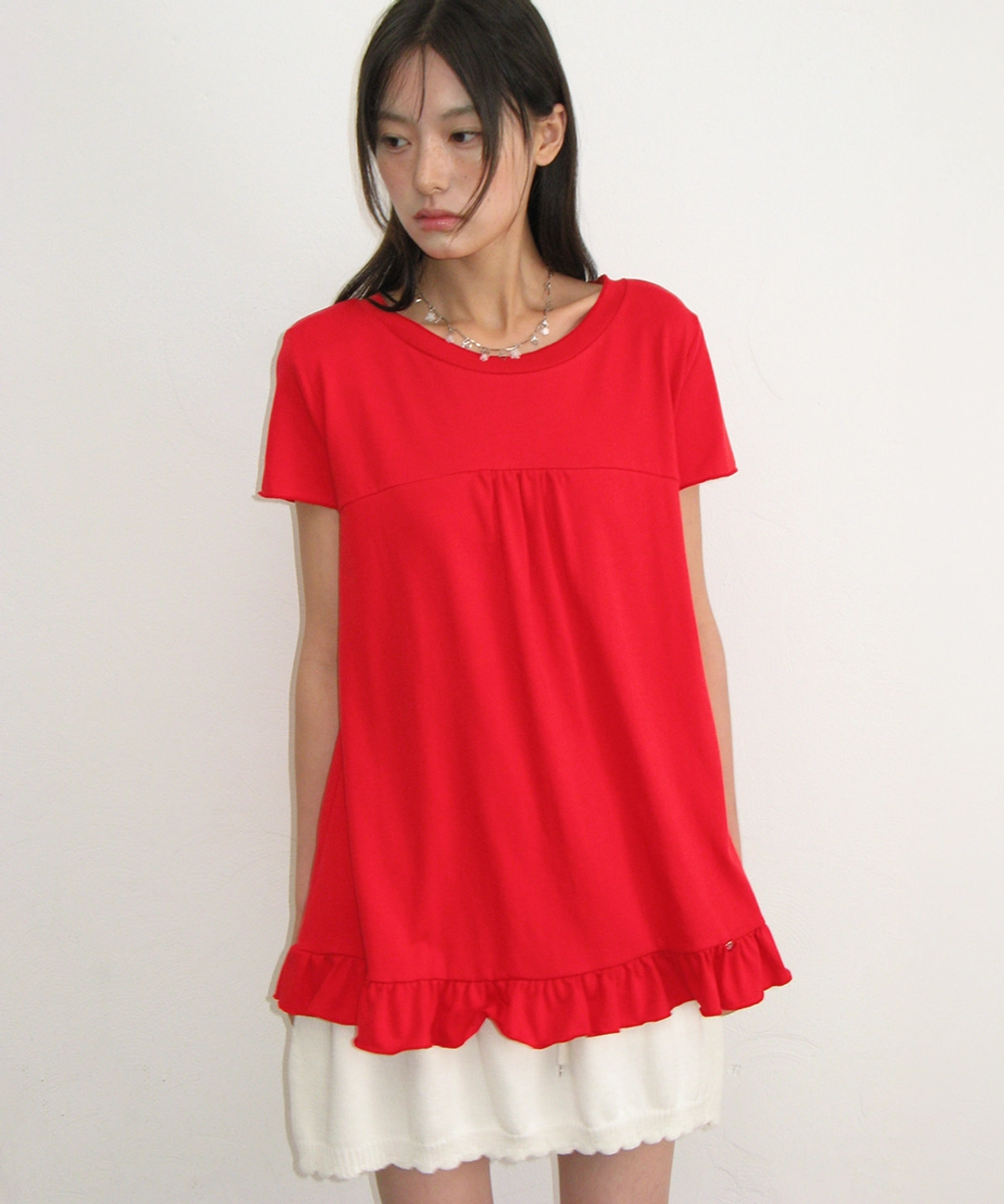 론론 STRING SHIRRING RUFFLE T SHIRT RED 상품 이미지 1