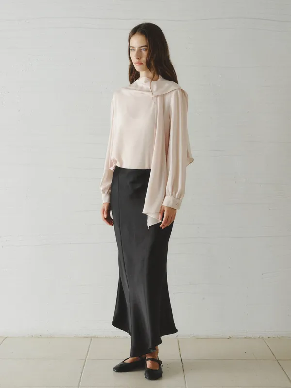 ALOHA unbalanced satin long skirt_black