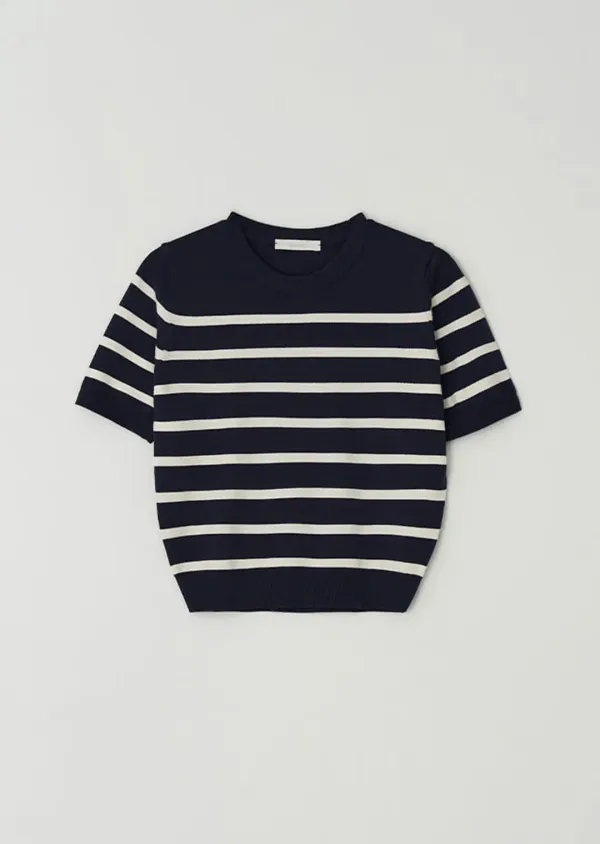 stripe round knit top-navy+ivory