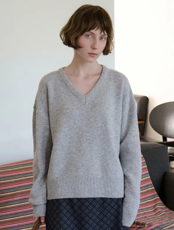 Nep wool V-neck knit_Light Gray