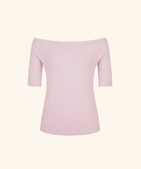 Letters Semi Off-Shoulder Elbow Sleeve T-Shirt (Pink)