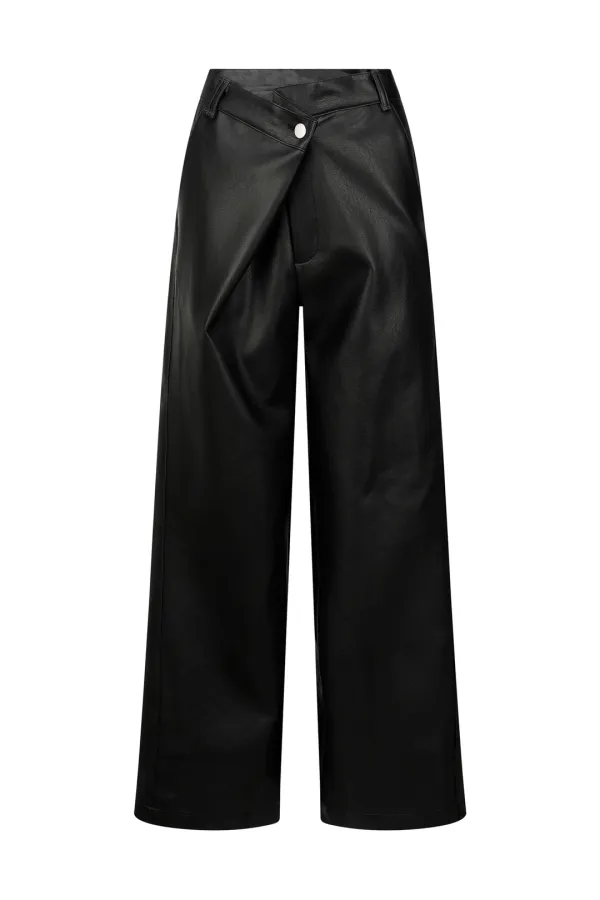FOLDED WIDE PANTS (UNISEX) LEATHER BLACK