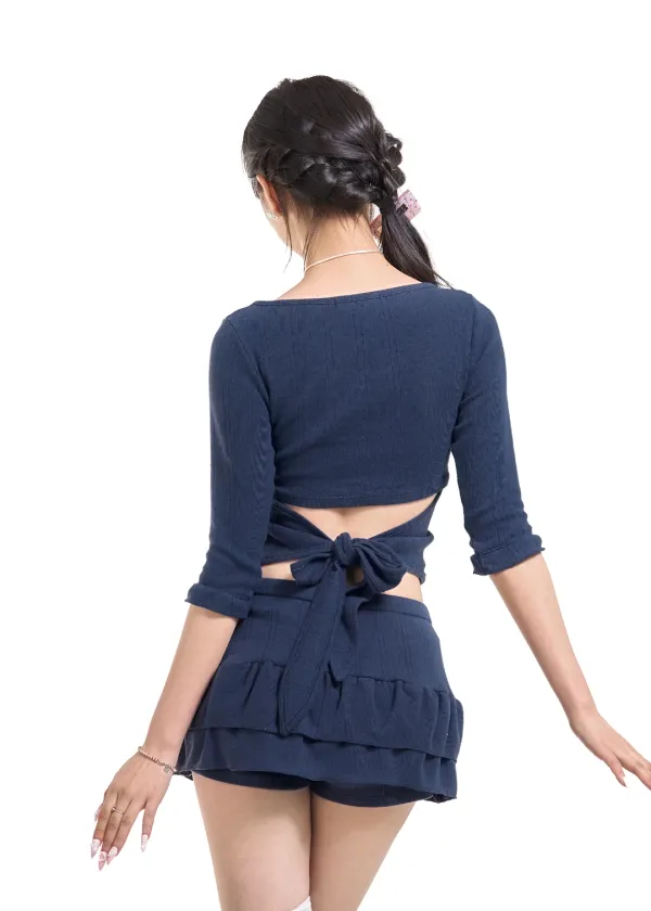 BLOSSOM BACK-RIBBON TOP [NAVY]