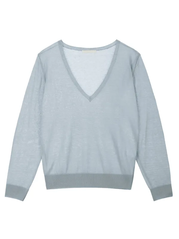 Linen-Blend Plunge V-Neck Knit Top