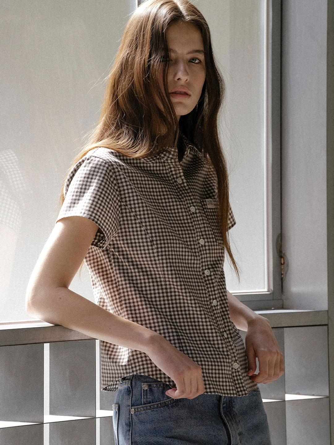 노운베러 Gingham check half shirt [KNSS03SH01]_Brown 상품 이미지 2