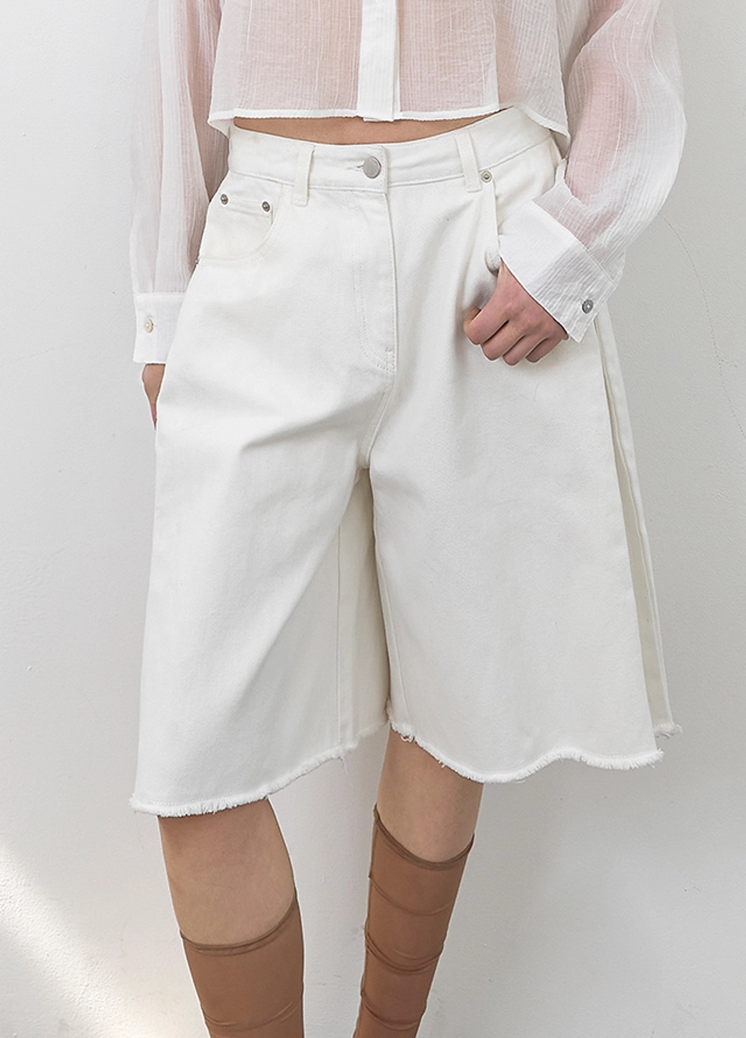 아뜰리에 나인 (PT-5790)TUCK BERMUDA WHITE DENIM PANTS 상품 이미지 2