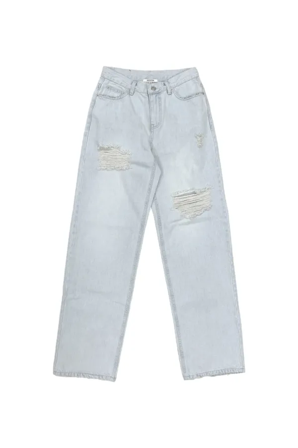 LOW RISE LOOSE-FIT DAMAGED JEANS (ICE BLUE)