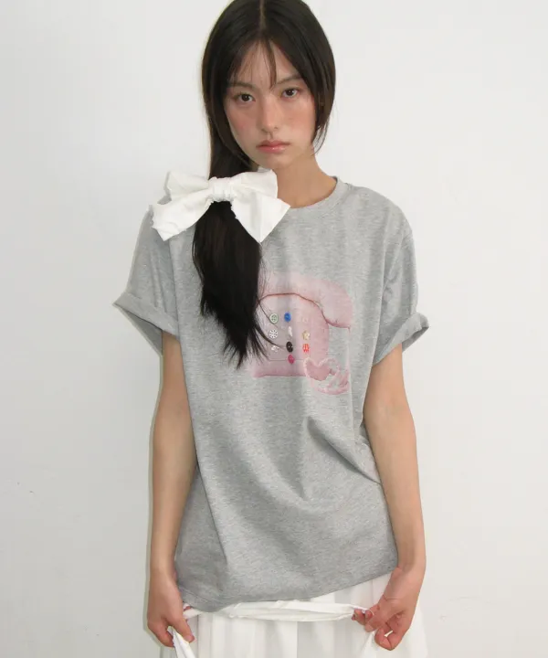 BUTTON RETRO TELEPHONE T SHIRT GREY