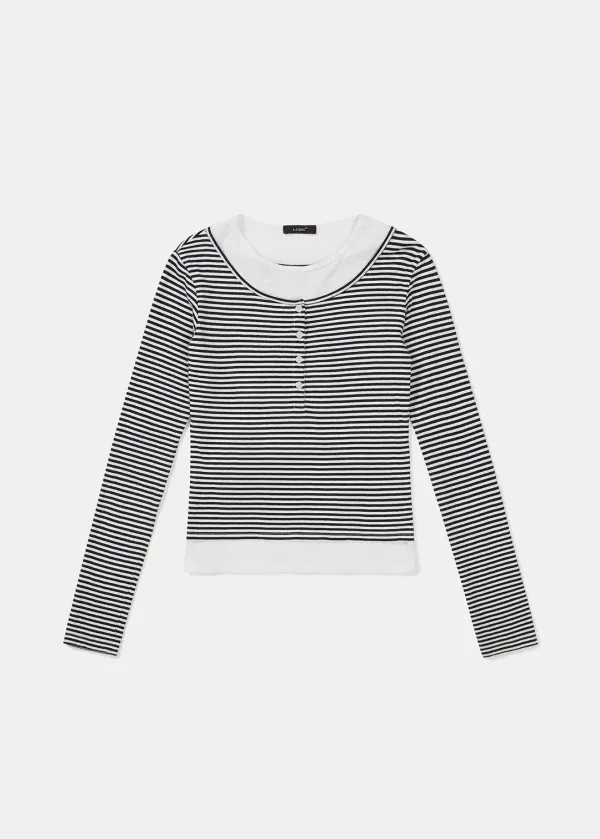 LAYERED HENLEY NECK JERSEY TOP (BLACK)