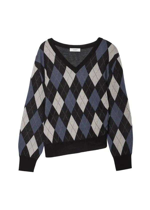 ARGYLE CHECK V-NECK KNIT TOP (DARK NAVY)