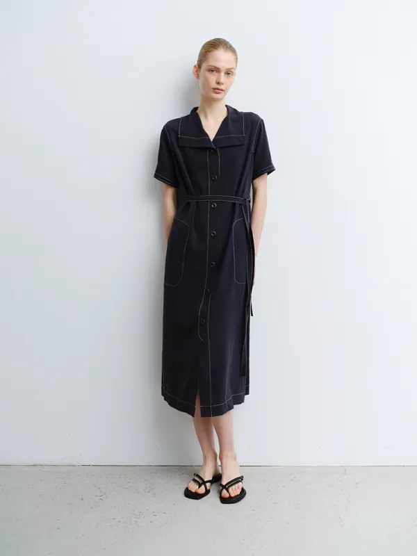 TVR WASHED SILK COLLAR DRESS_D-NAVY