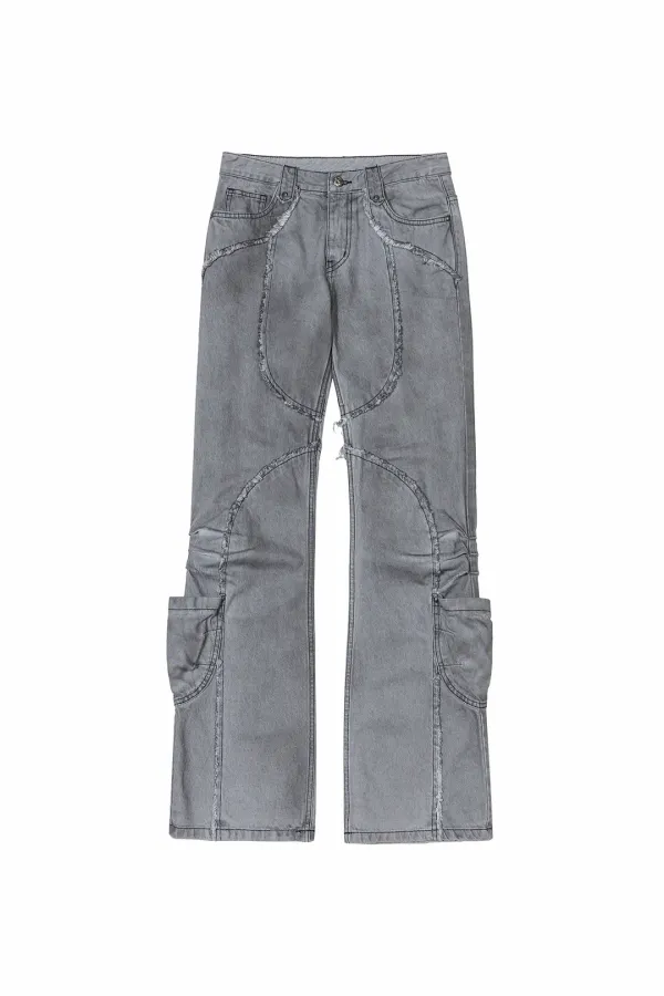 SHIRRING CUT-OFF BOOTS CUT PANTS GRAY