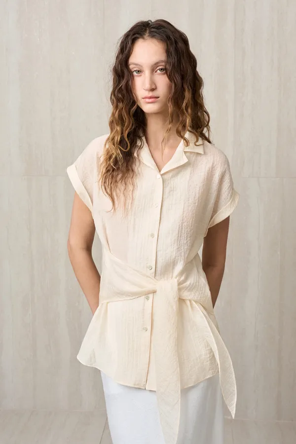 SHEER TIE WAIST SHIRT CREAM