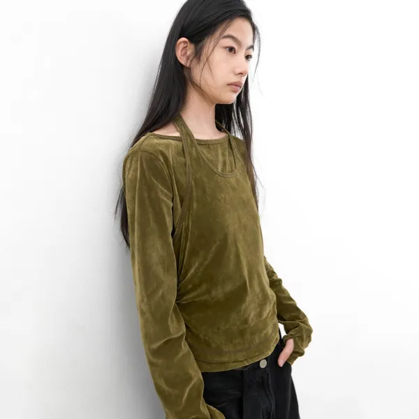 (T-7329)VELVET SHIRRED HALTER & BOATNECK TOP S