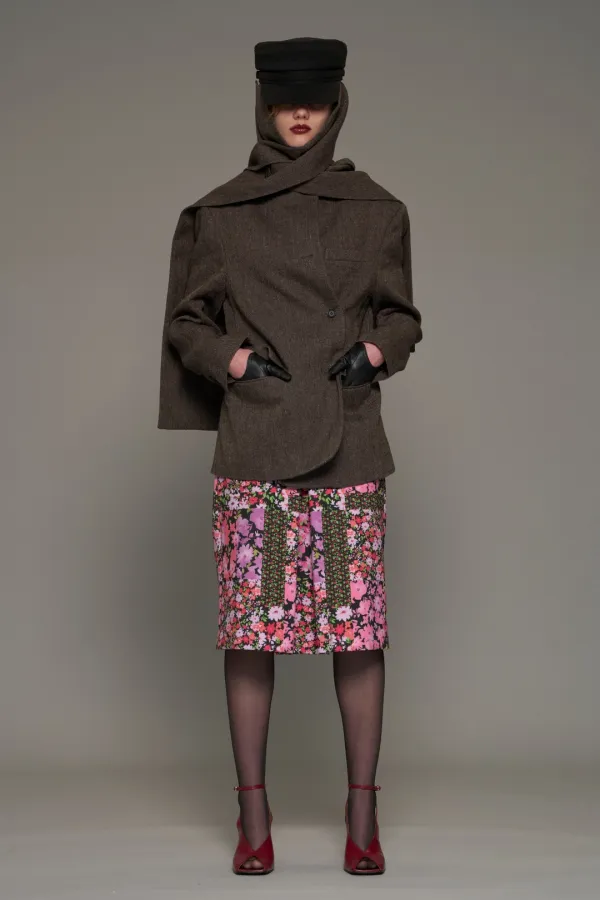 FW26 PINK PATTERN PLEATED MIDI SKIRT