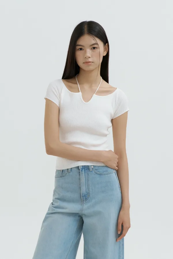 Strap Neck Ribbed Knit Top (ivory)