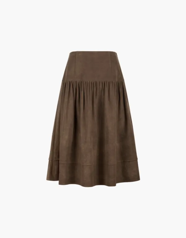suede shirring midi skirt - brown
