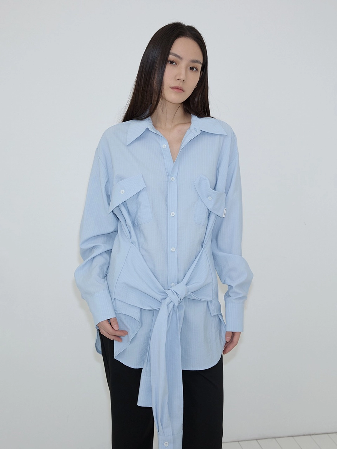이네기 Tie-Waist Oversized Shirt (blue) 상품 이미지 1