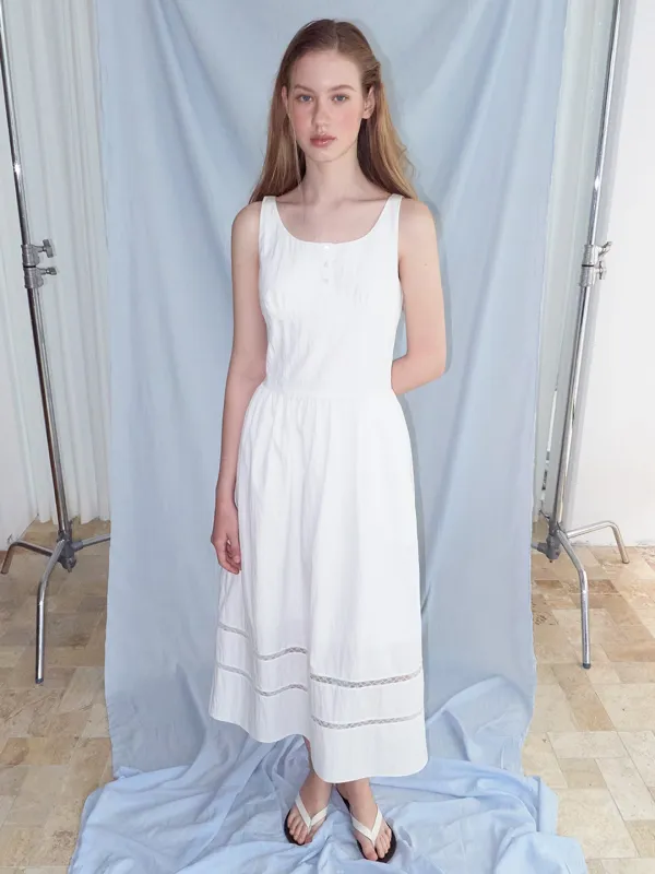 Button Lace Sleeveless Dress, White