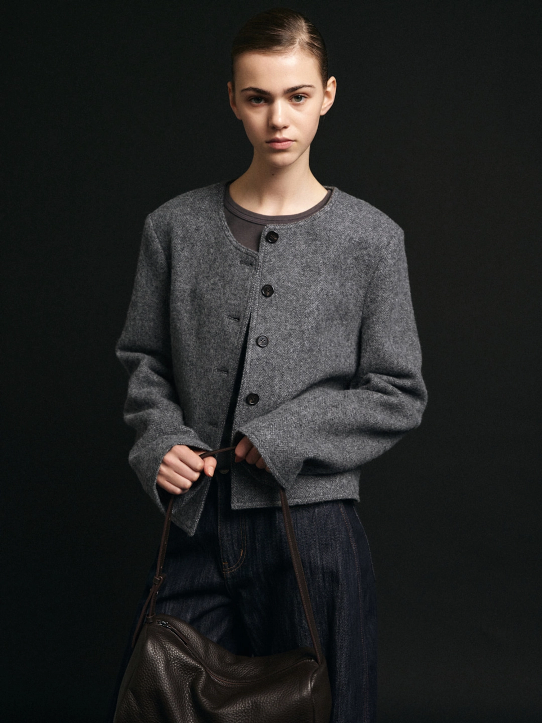 파사드패턴 미니멀 라운드넥 재킷_grey 상품 이미지 2