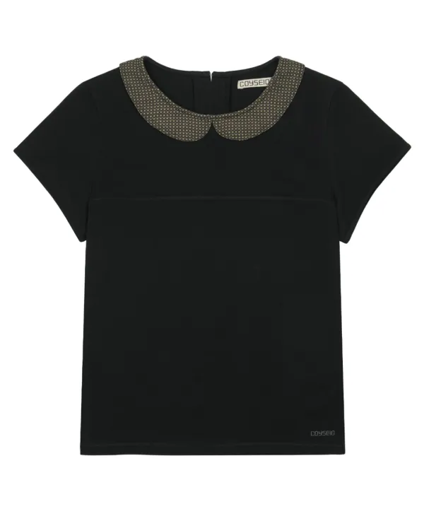ROUND COLLAR HALF BLOUSE BLACK