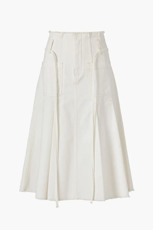 Front Pocket Pleated Cotton Skirt, Ivory