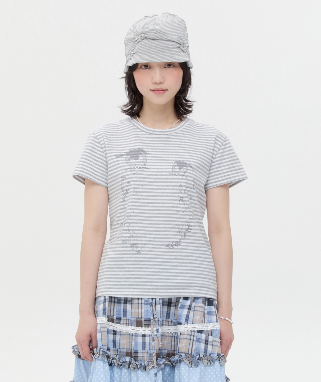 타입서비스 Cry Eyes Stripe Short Sleeve Top [Gray] 상품 이미지 1
