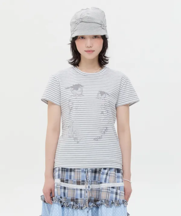 Cry Eyes Stripe Short Sleeve Top [Gray]